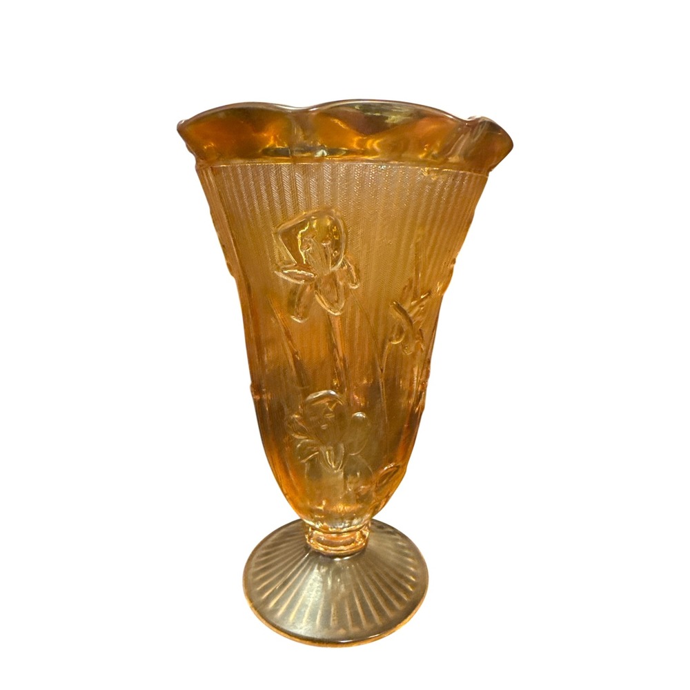 Jeannette Glass Carnival Glass Vase Marigold Iris‎ Herringbone Ruffled MCM